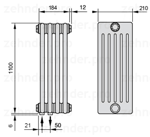 Схема (чертеж) Радиатор Zehnder Charleston 6110/4 №3370 Белый глянцевый RAL 9016